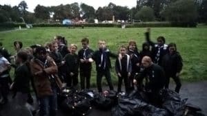 Cubs celebrate at the end of the hour-and-a-half long litter pick