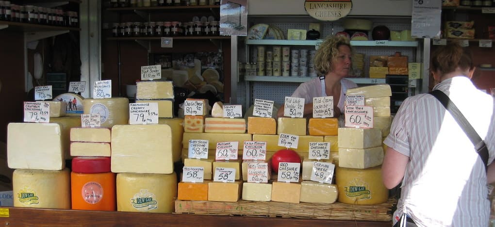 Lancashire cheeses at market