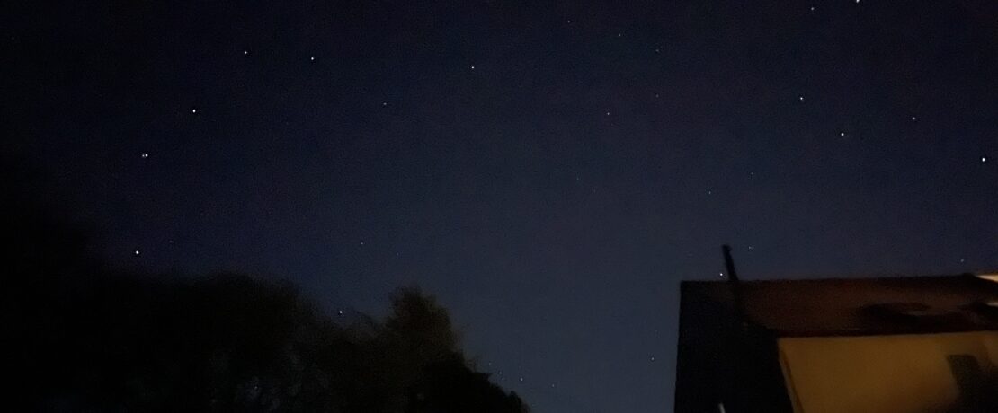 a dark sky featuring trees, houses, and the constellation Ursa Major (The Plough)